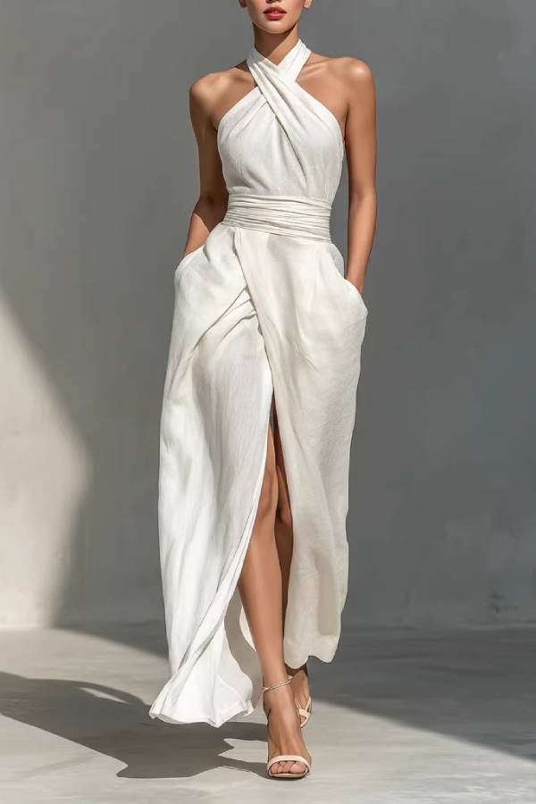 Halter Cross-Wrap Waist Slit Maxi Dress
