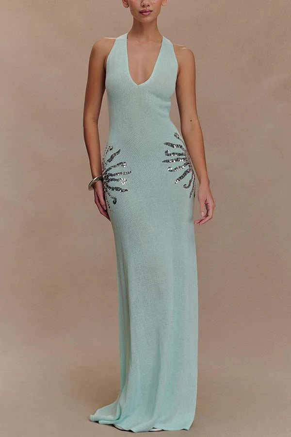 Sparkling Nights Knit Sunburst Sequin Detail Back Cross Straps Stretch Maxi Dress
