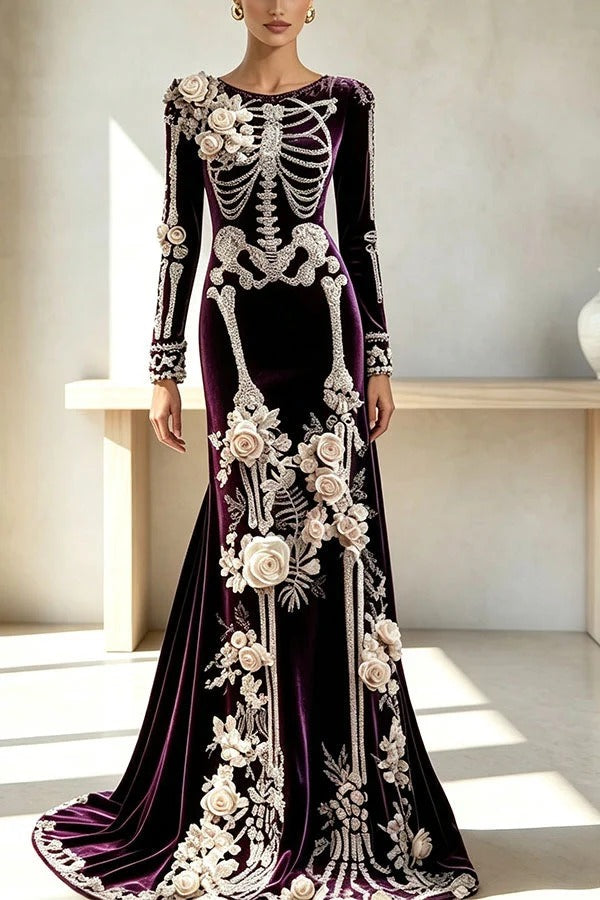 Luxury skull embroidered velvet dress