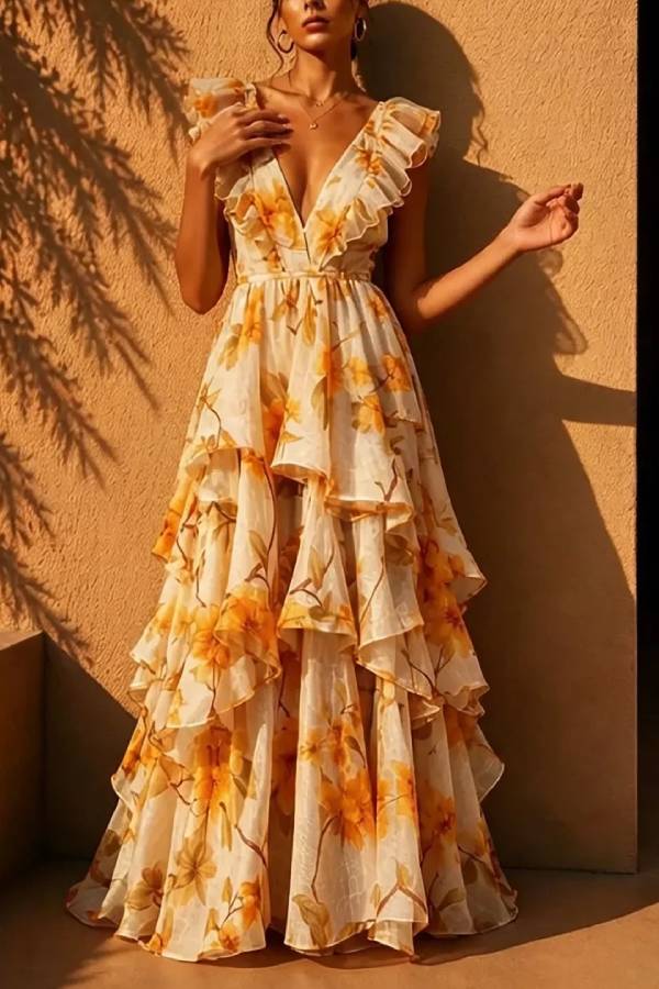 Deep V Ruffle Sleeve Floral Tiered Ruffle Maxi Vacation Dress
