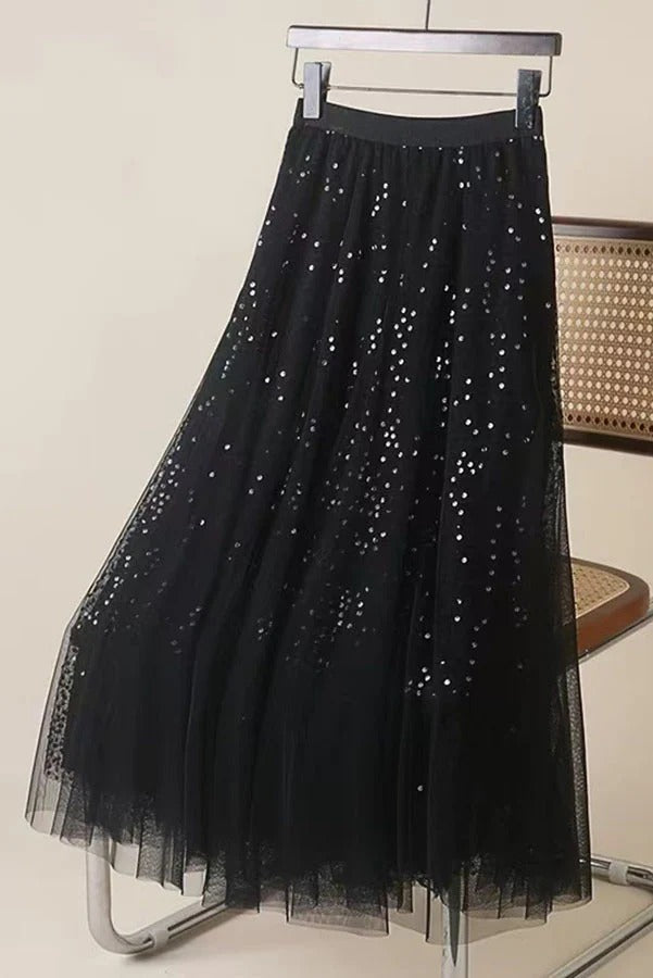 Dreamy French-style Sequined Tulle Elastic Waist A-line Maxi Skirt