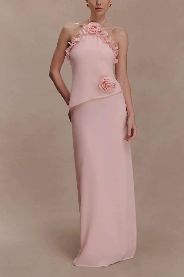 3D Rose Ruffle Halter Open Back Slim Maxi Gown