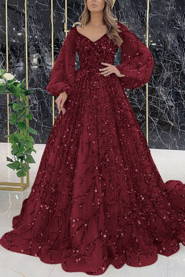 V-Neck Puff Long Sleeve Beaded A-Line Train Evening Gown