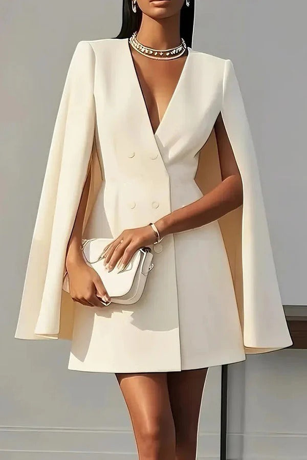 Solid Color V-Neck Double Breasted Cape Formal Mini Dress