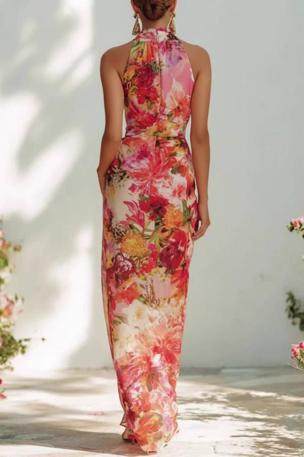 Floral Oil Painting Print Halter-Neck Maxi Dress