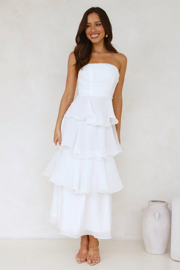 Strapless A-Line Layered Ruffled Hem Maxi Dresses