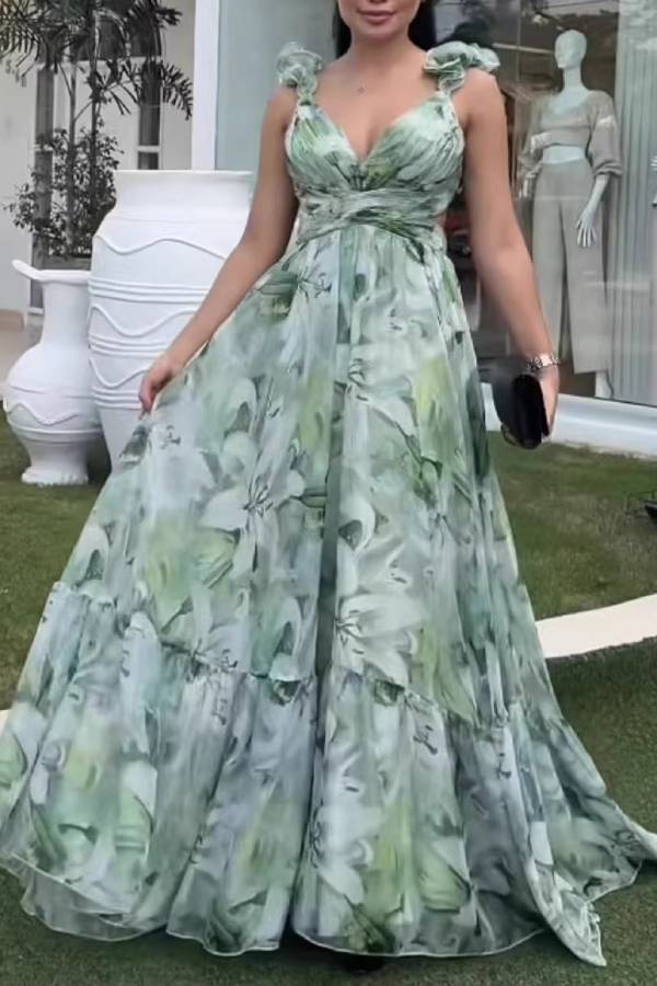 Whimsy Grace Tulle Floral Ruffle Detail Back Lace-up Pleated Maxi Dress