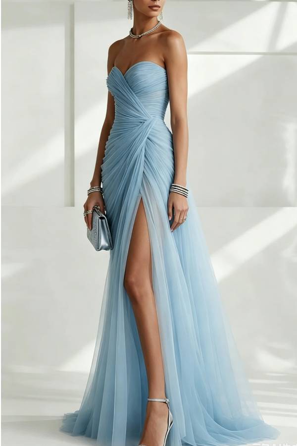 Sylvie Ruched Tulle Back Lace-up Strapless High Slit Gown Maxi Dress