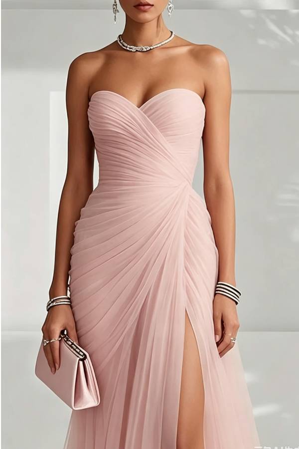 Sylvie Ruched Tulle Back Lace-up Strapless High Slit Gown Maxi Dress