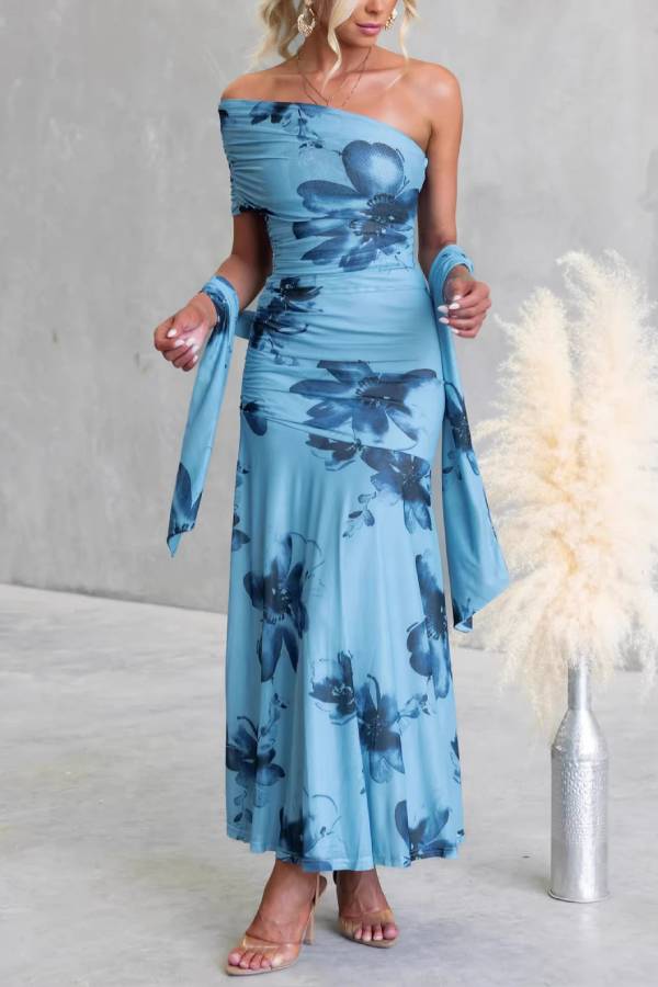 Asymmetrical Ruched Floral Print Waist-Cinched Mermaid Gown