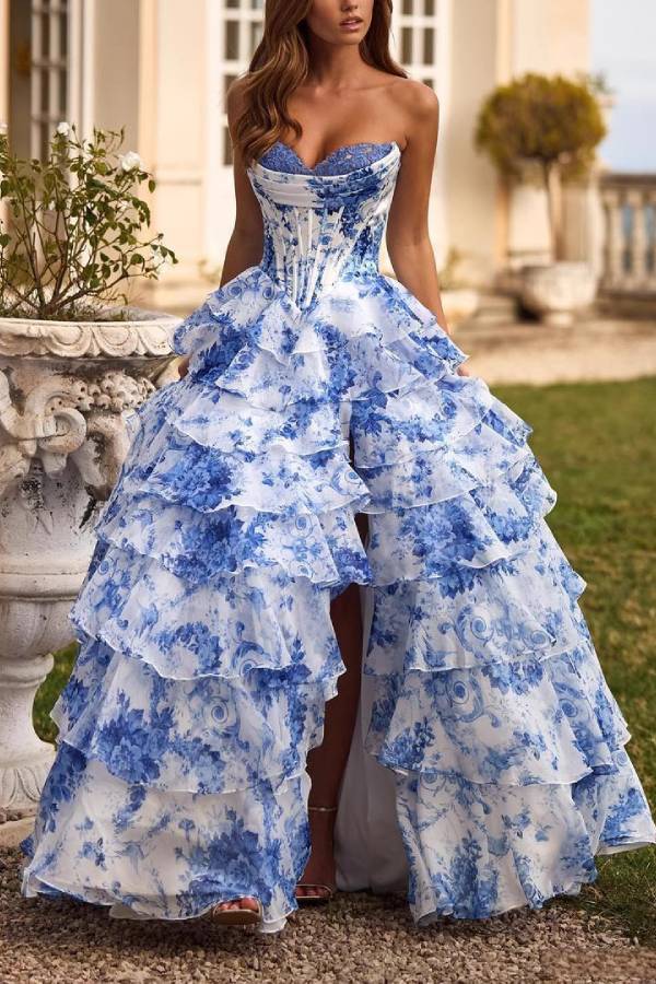 Strapless Floral Print Corset Tiered Slit Gown
