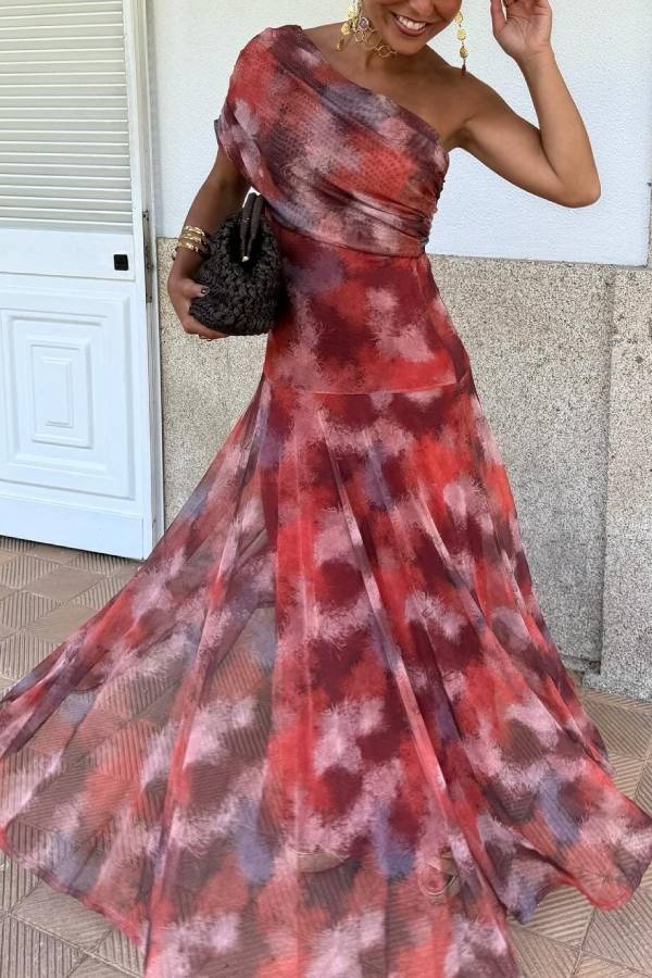 Asymmetrical Shoulder Ruched Ink Tie-Dye Mesh Flare Maxi Evening Dress