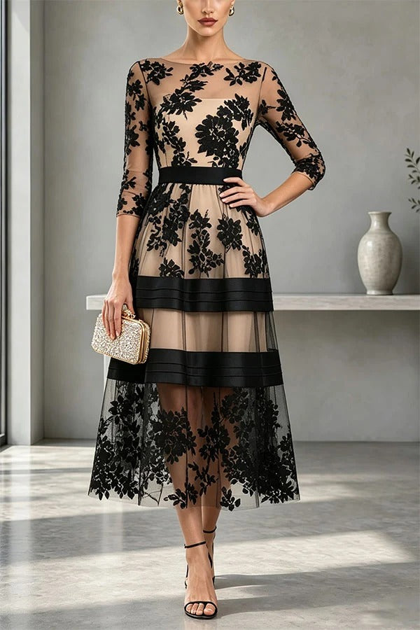 Alana Flower Mesh Colorblock Boat Neck Half Sleeve A-line Midi Dress