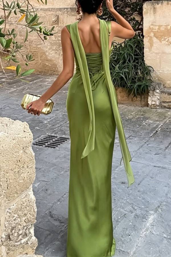 Halter Square Neck Ruched Satin Mermaid Maxi Evening Gown