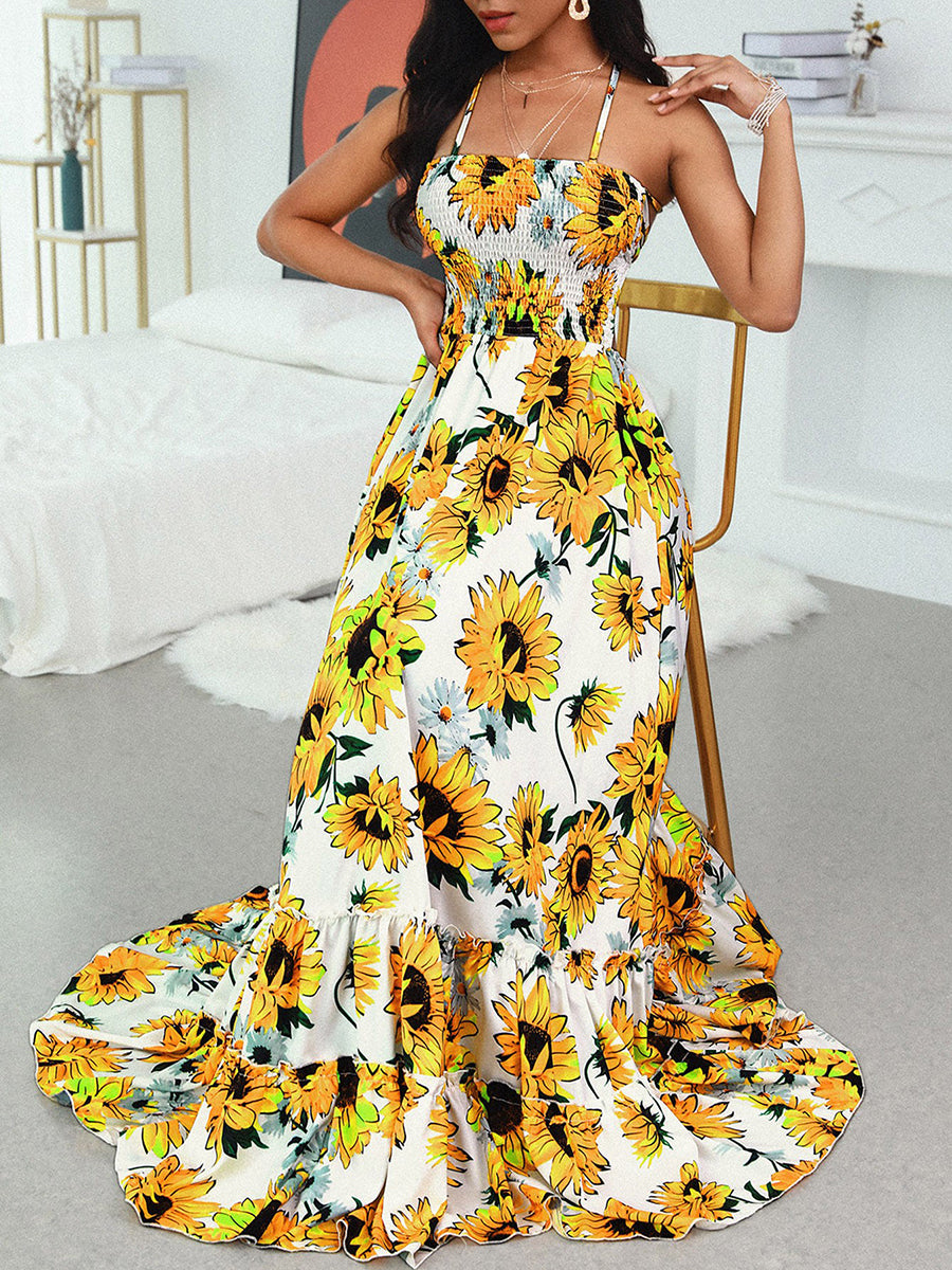 Open Back Print Bandage Maxi Dress