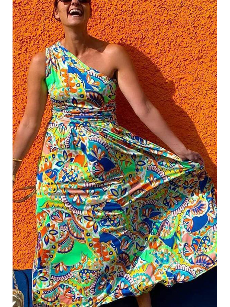Bohemian One Shoulder High Waist Maxi Dress