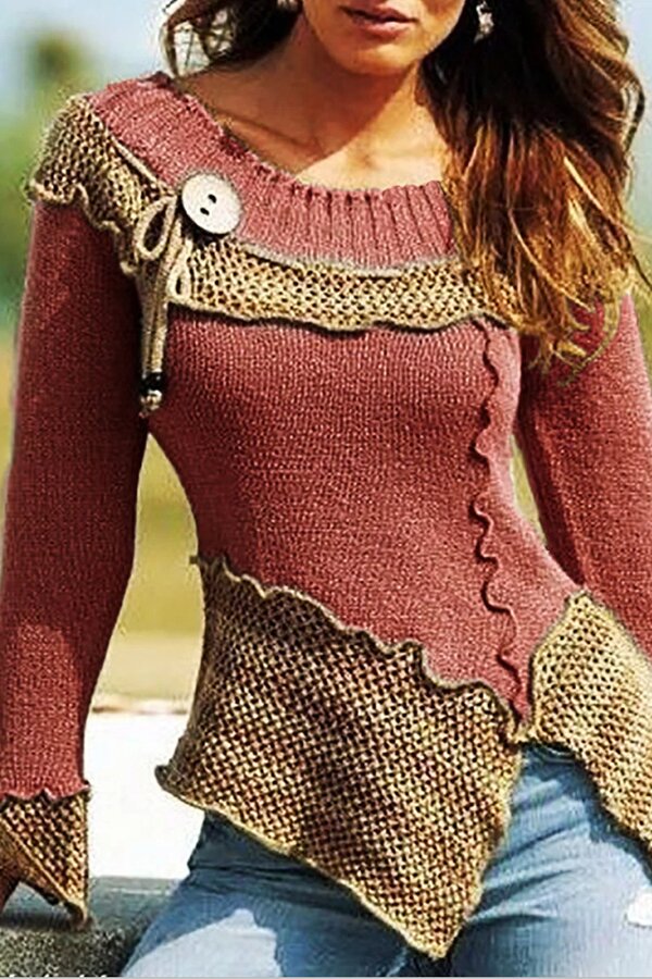 Retro Scoop Neck Patchwork Knit Sweater