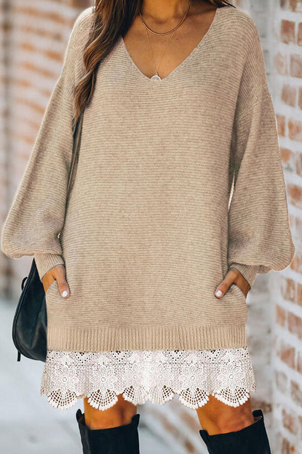 V-Neck Lace Stitching Sweater Dress