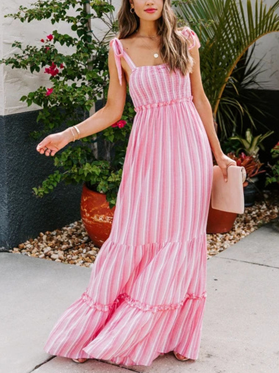 Casual Straps Striped Maxi Pleated Dress