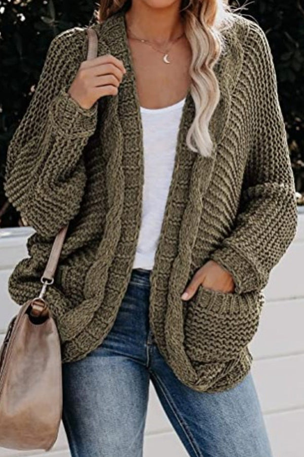 Button cord cardigan sweater coat with thick stitches