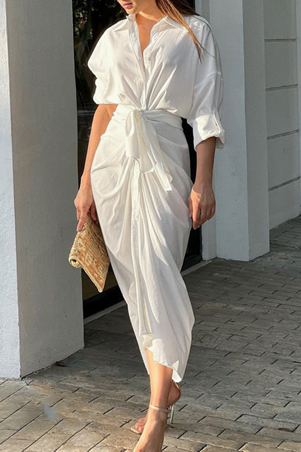 Solid Color Sexy Pleated Cardigan Shirt Dress