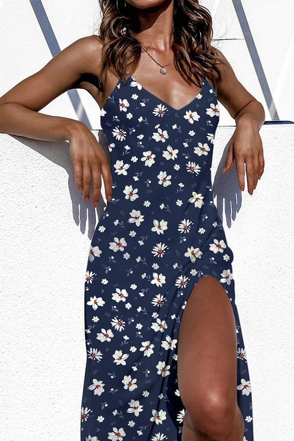 V-Neck Daisy Print Slit Calf-Length Sphagetti Dress