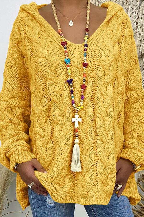 V-neck Hooded Loose Pullover Sweater