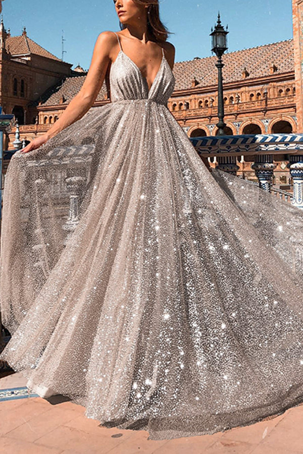 Cut Out Shoulders and A V Neck Shape Sparkly Dress
