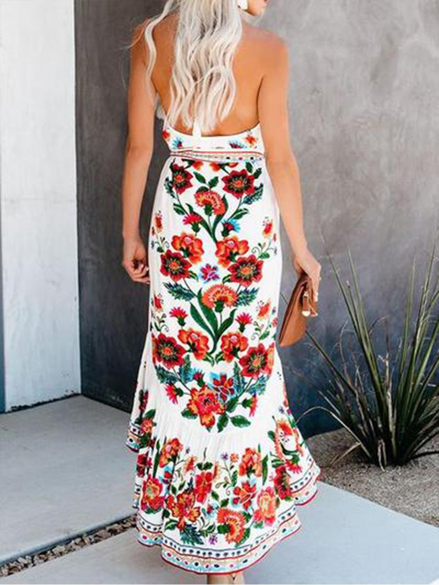 Halterneck Floral Print High-low Maxi Dress