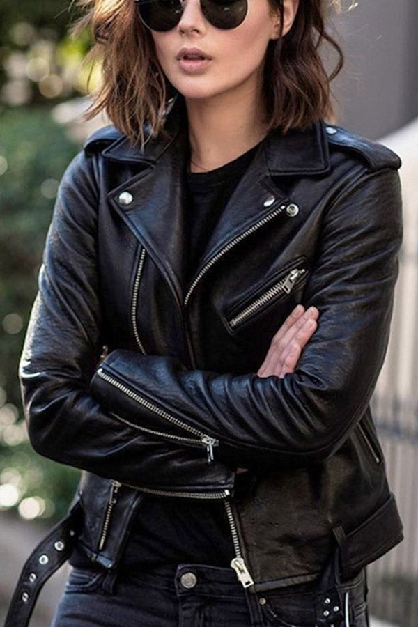 Punk Fitted Solid Lapel Faux Leather Jacket