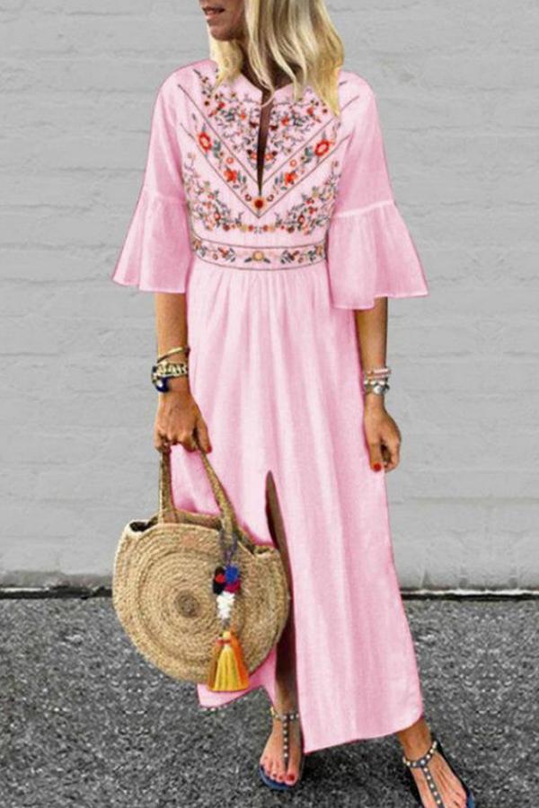 Pleated Front Slit Bell Sleeve Mexico Bohemian Beachwear Maxi Dress