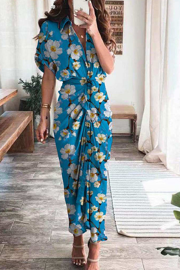 Short Sleeve Elegant Commuter High Waist Printed Long Dress