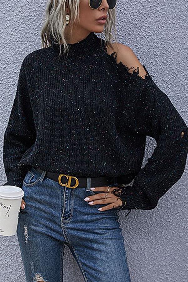 Off-shoulder Ripped Long-sleeved High-neck Knitted Sweater