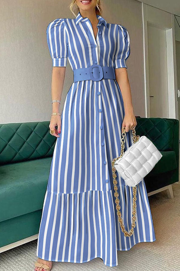 Striped Button Front Puff Sleeve Shirt Dress
