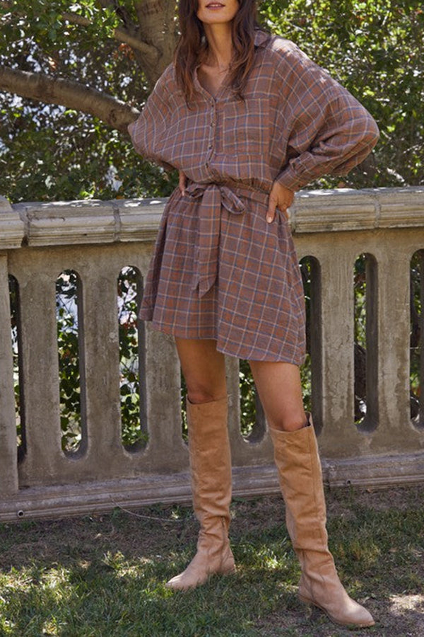 Long Sleeveless Lapel Lace-up Plaid Casual Dress