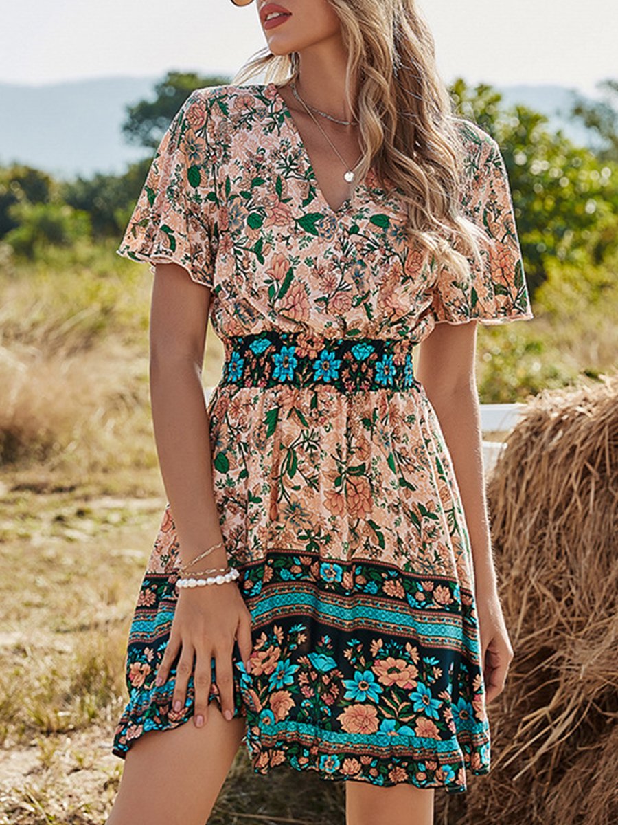 Short Sleeve Bohemian Print Dress
