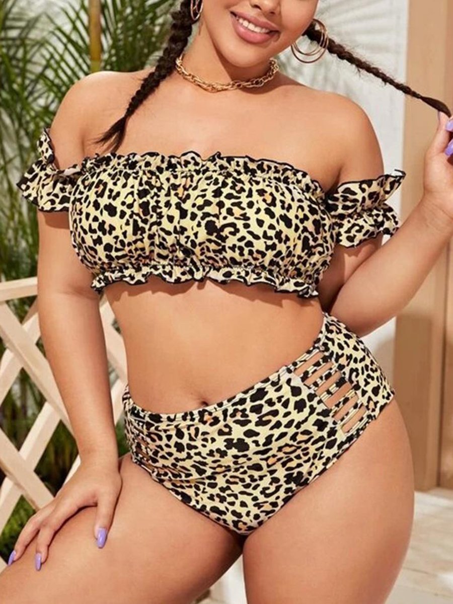 Sweet Off The Shoulder Leopard Print Ruffle Design Hollow-out Tankini