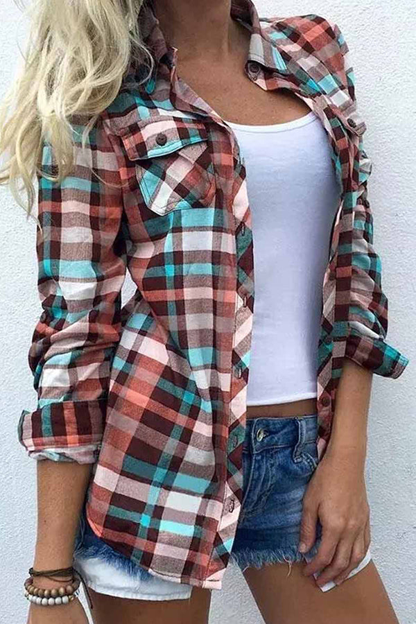 Plaid Pocket Turn-Down Collar Shirt