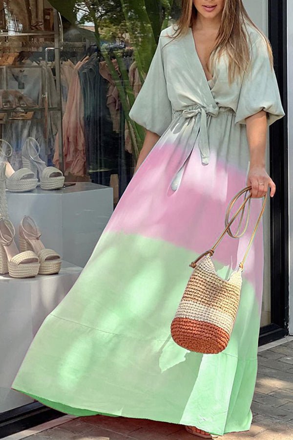V-neck Tie-dye Gradient Puff-sleeve Maxi Dress
