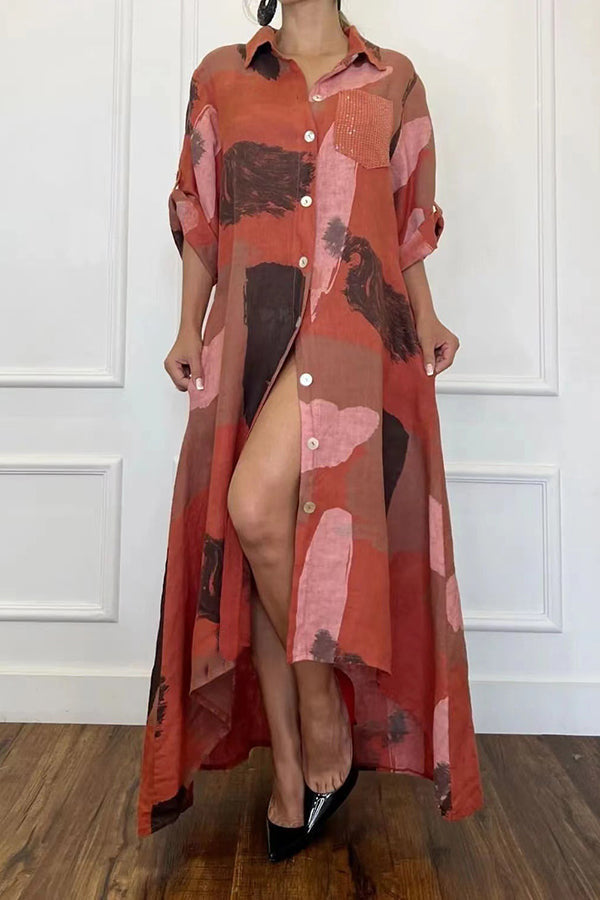 Casual Printed Shirt Collar Irregular Swing Maxi Dress