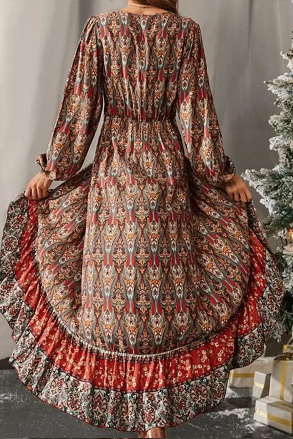 Spring 2022 New Retro Slim Waist Tie Bohemian Print Jumpsuit Group Dress