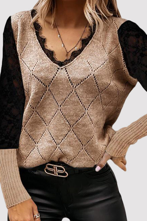 Eyelash Lace Trim Hollow Out Colorblock Sweater