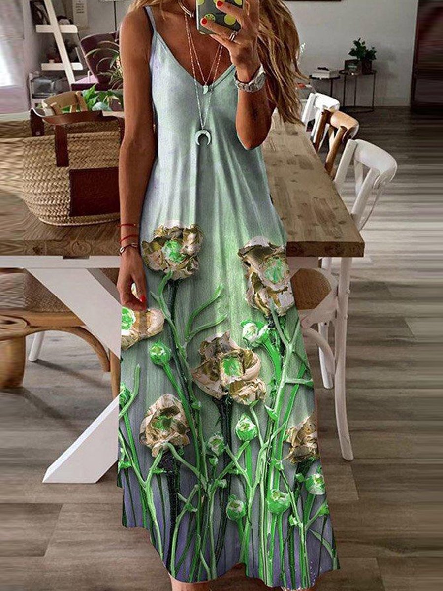 Casual Sphagetti V-neck Print Maxi Dress