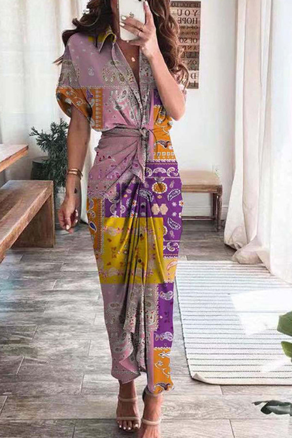 Print Satin Pleated Classy Bandage Shirt Dress