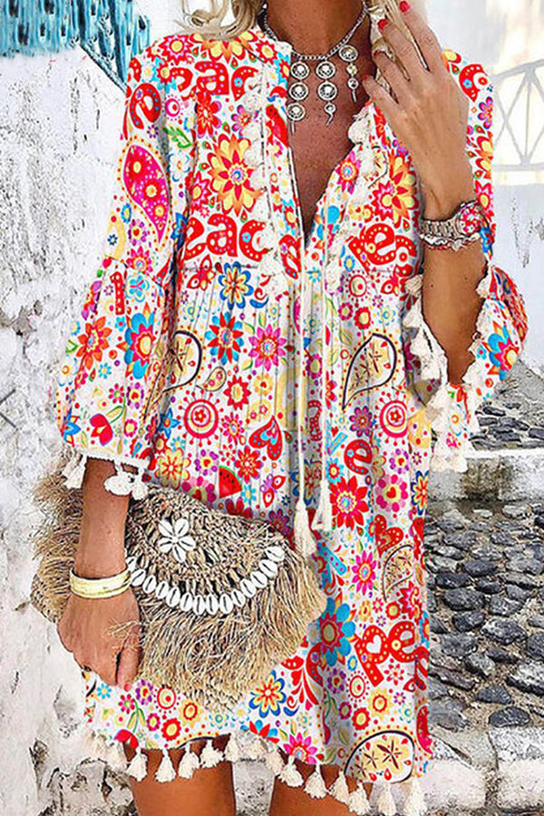 Color Printed V-neck Fringed Dress