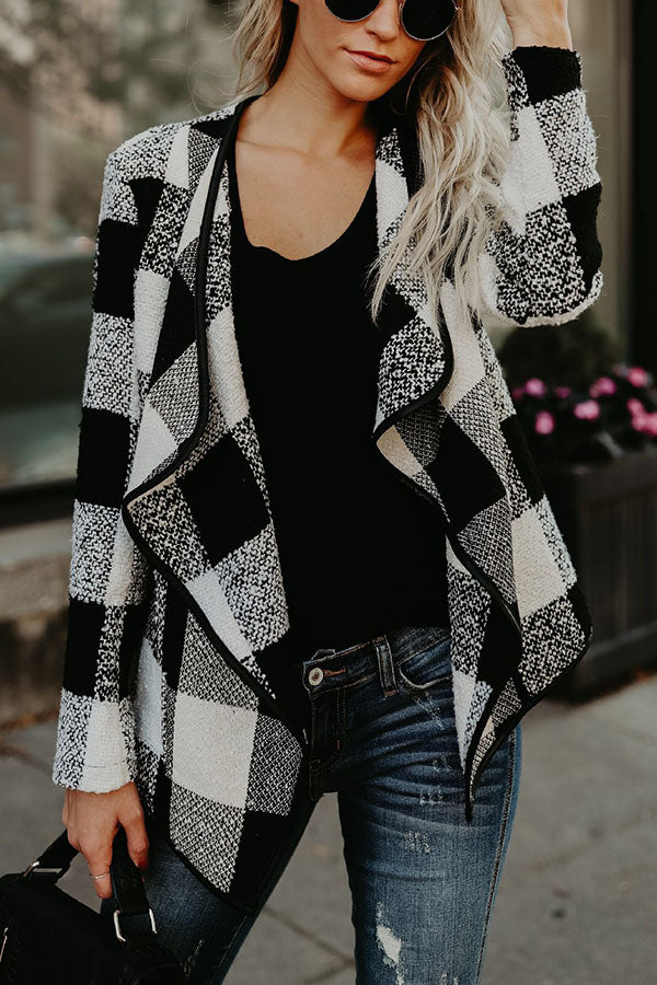 Colorblock Open Drape Front Plaid Coat