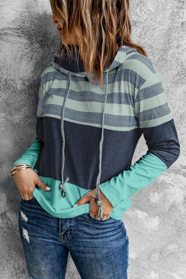Color Block Striped Drawstring Hoodie