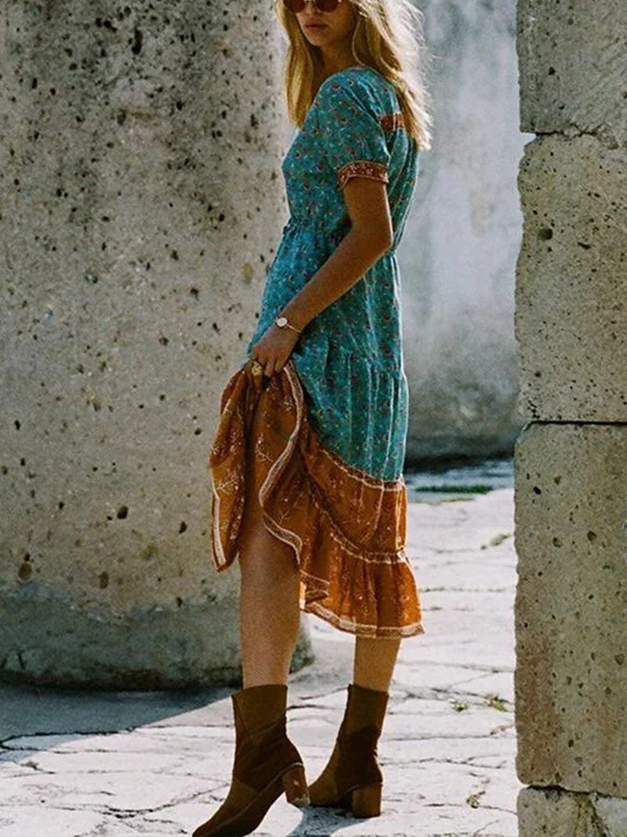 Short Sleeve Boho Print V-neck Calf-length Dress
