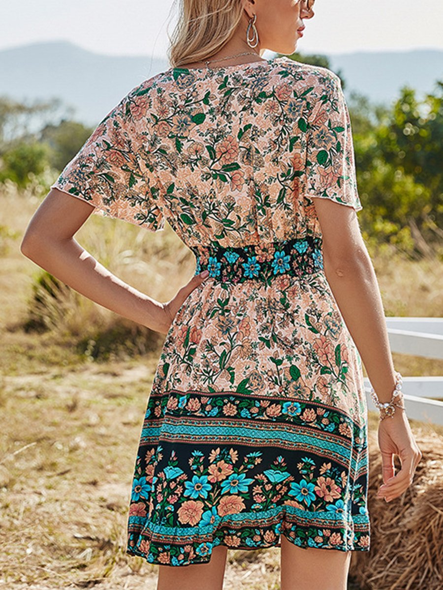 Short Sleeve Bohemian Print Dress
