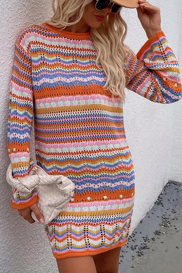 Rainbow Striped Pullover Mid-length Sweater